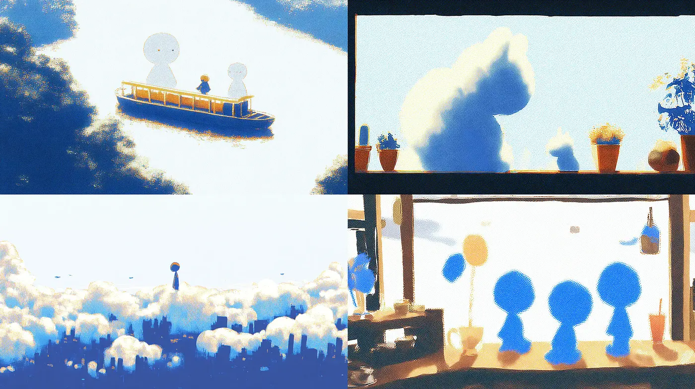 Whimsical Dreamscape with Soft Color Gradients and Minimalist Characters - Midjourney sref style