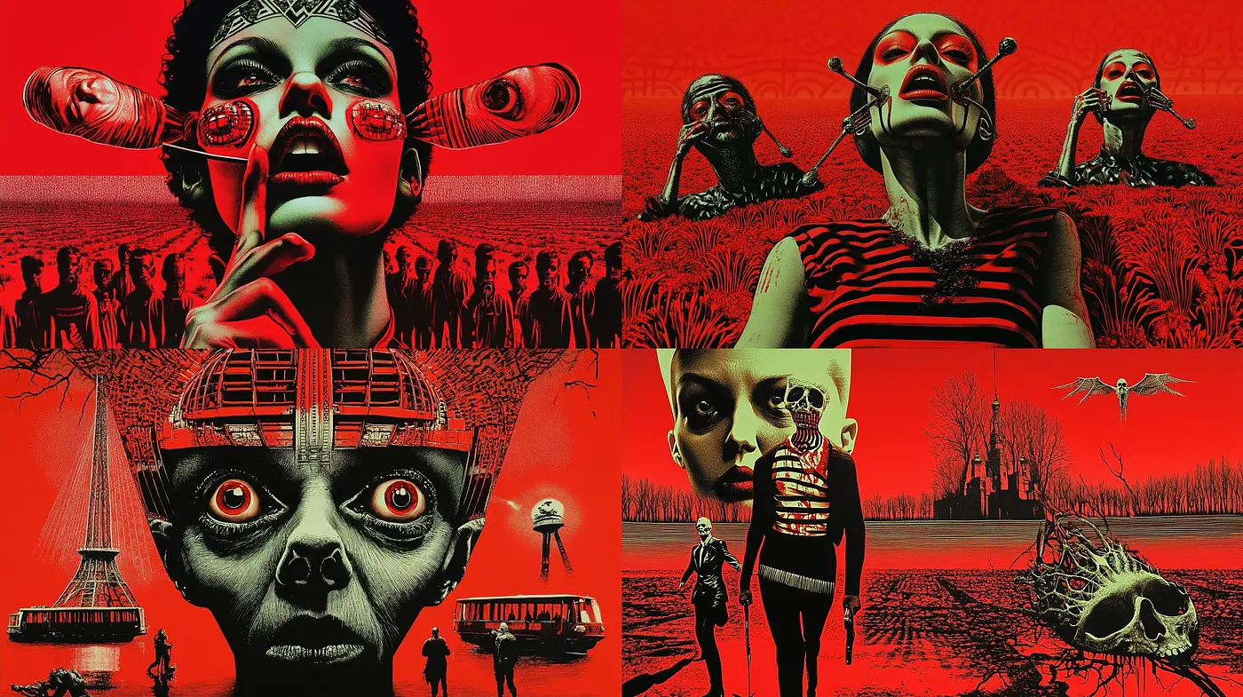 Eerie Crimson Tableau with Surrealist Overtones - Midjourney sref style