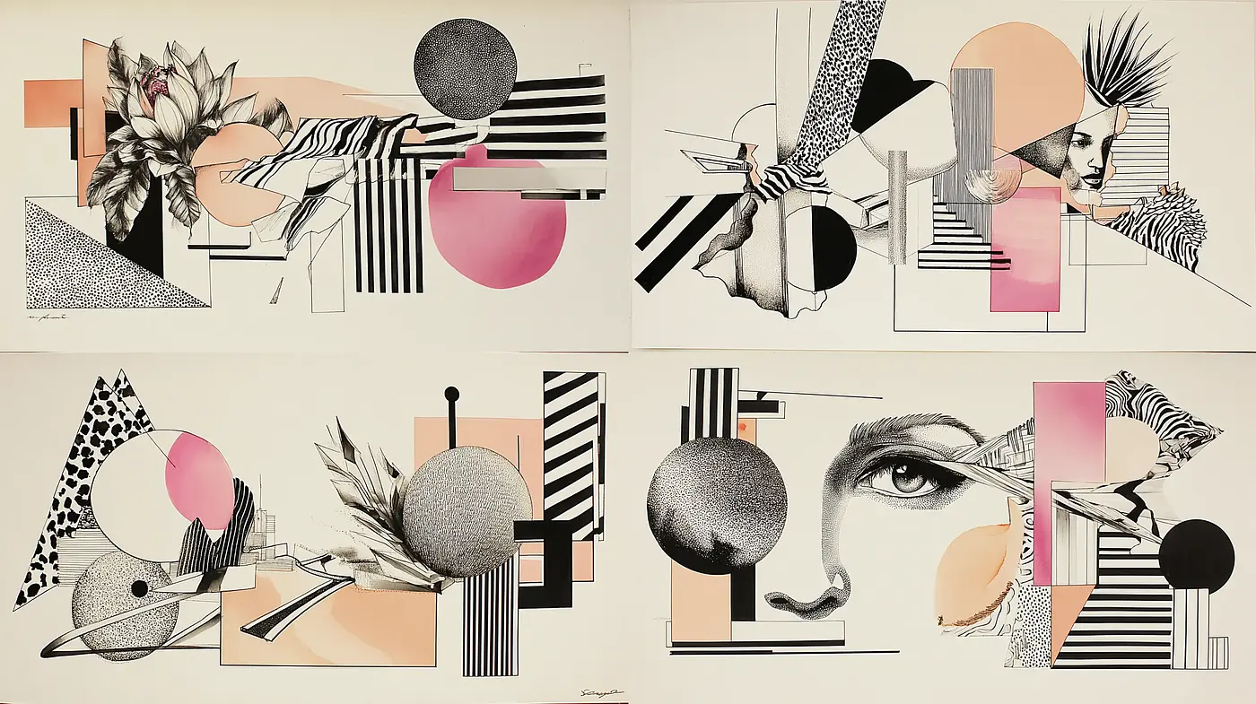 Modern Abstract Composition with Geometric and Organic Elements - Midjourney sref style