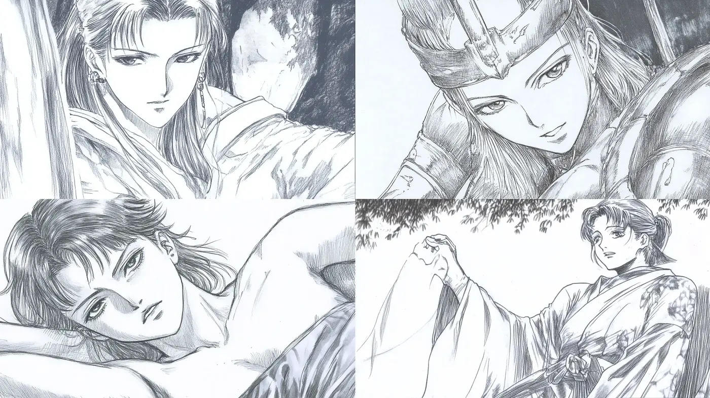 Monochromatic Manga-Inspired Pencil Sketches with Dynamic Expressiveness - Midjourney sref style