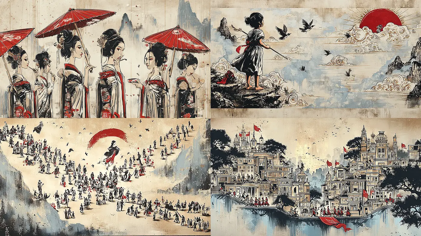 Intricate Narratives in Traditional Japanese Aesthetics with a Modern Twist - Midjourney sref style