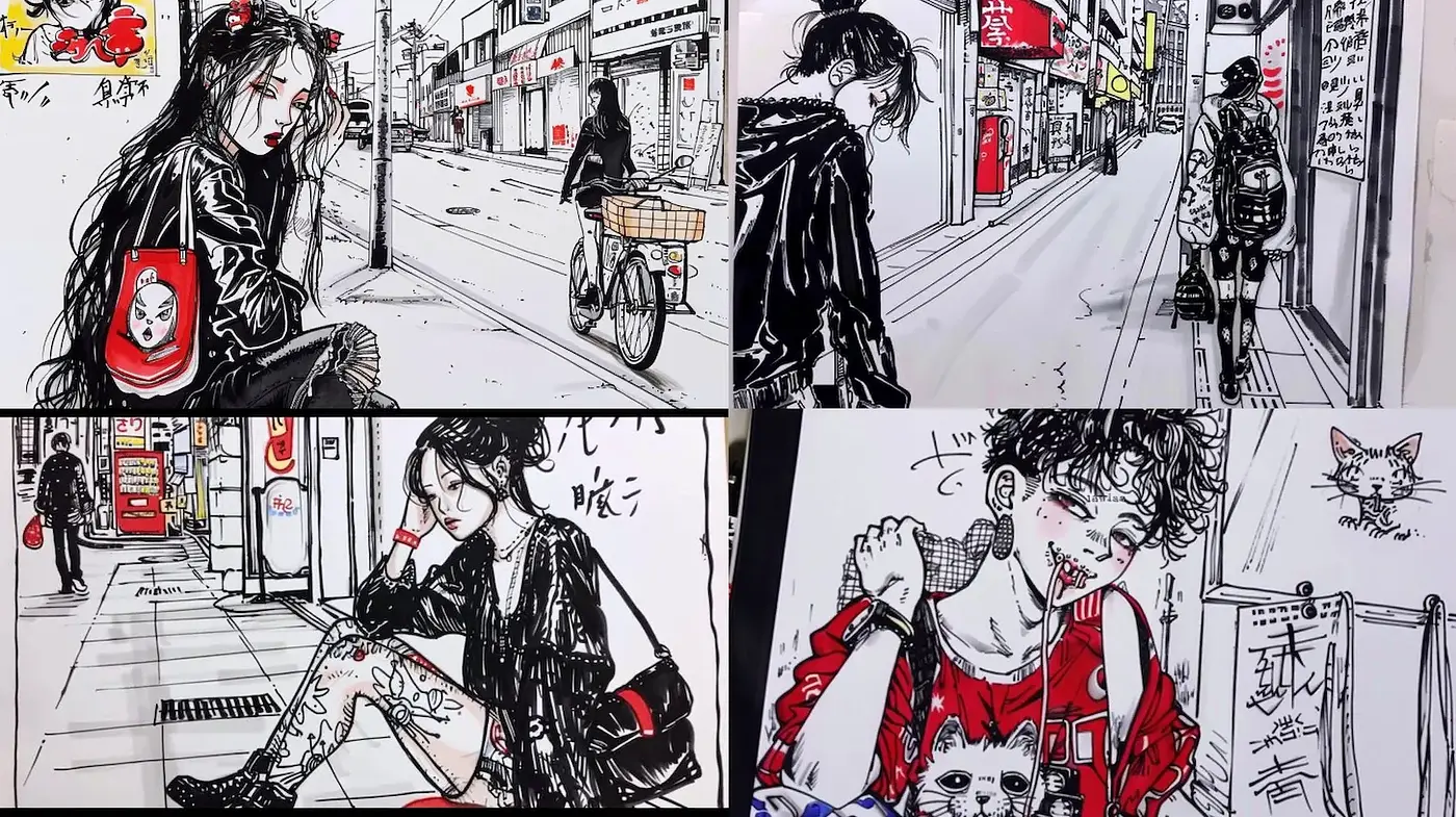 Urban Japanese Street Art with a Touch of Nostalgia and Darkness - Midjourney sref style