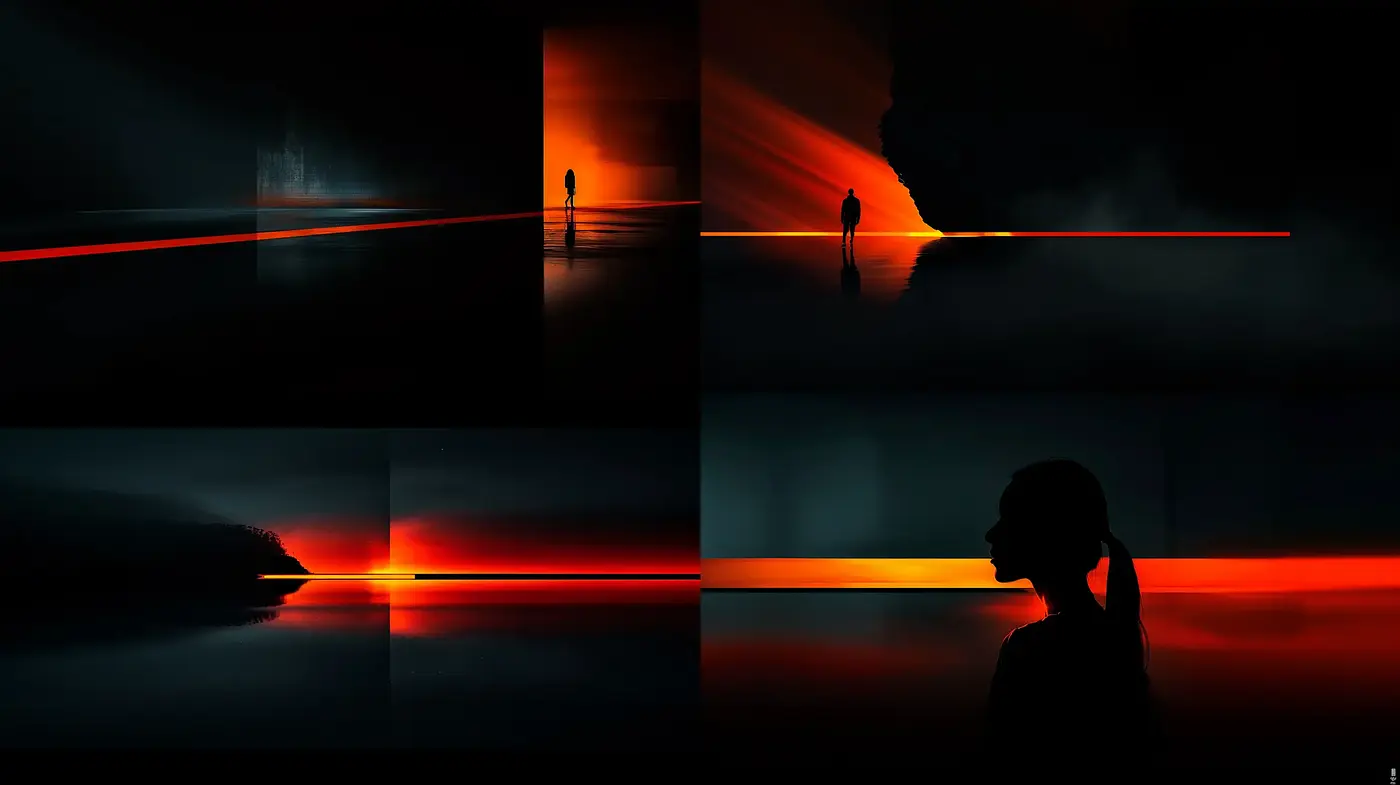 Dramatic Red Horizon Silhouettes: A Study in Contrast and Minimalism - Midjourney sref style
