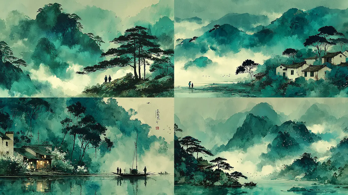 Tranquil Traditional Landscape with Ethereal Mist and Soft Color Gradients - Midjourney sref style