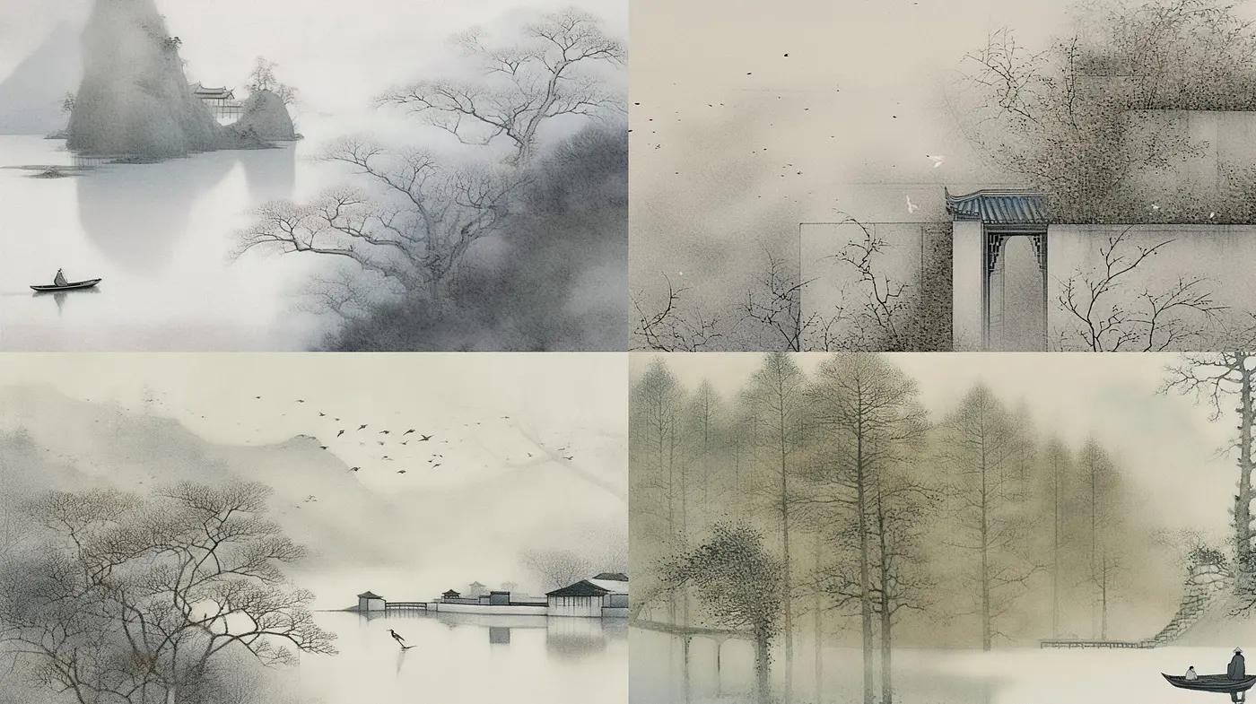 Subtle Shades of Serenity: A Harmonious Fusion of Misty Landscapes in Monochrome Elegance - Midjourney sref style