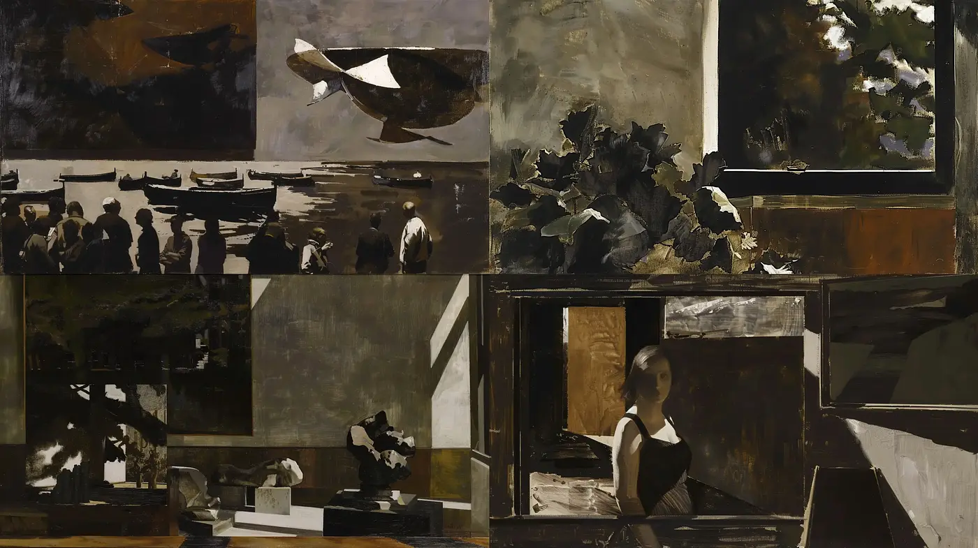 Shadowy Sepia Tones: Nostalgic Tableaus with Abstract Realism - Midjourney sref style