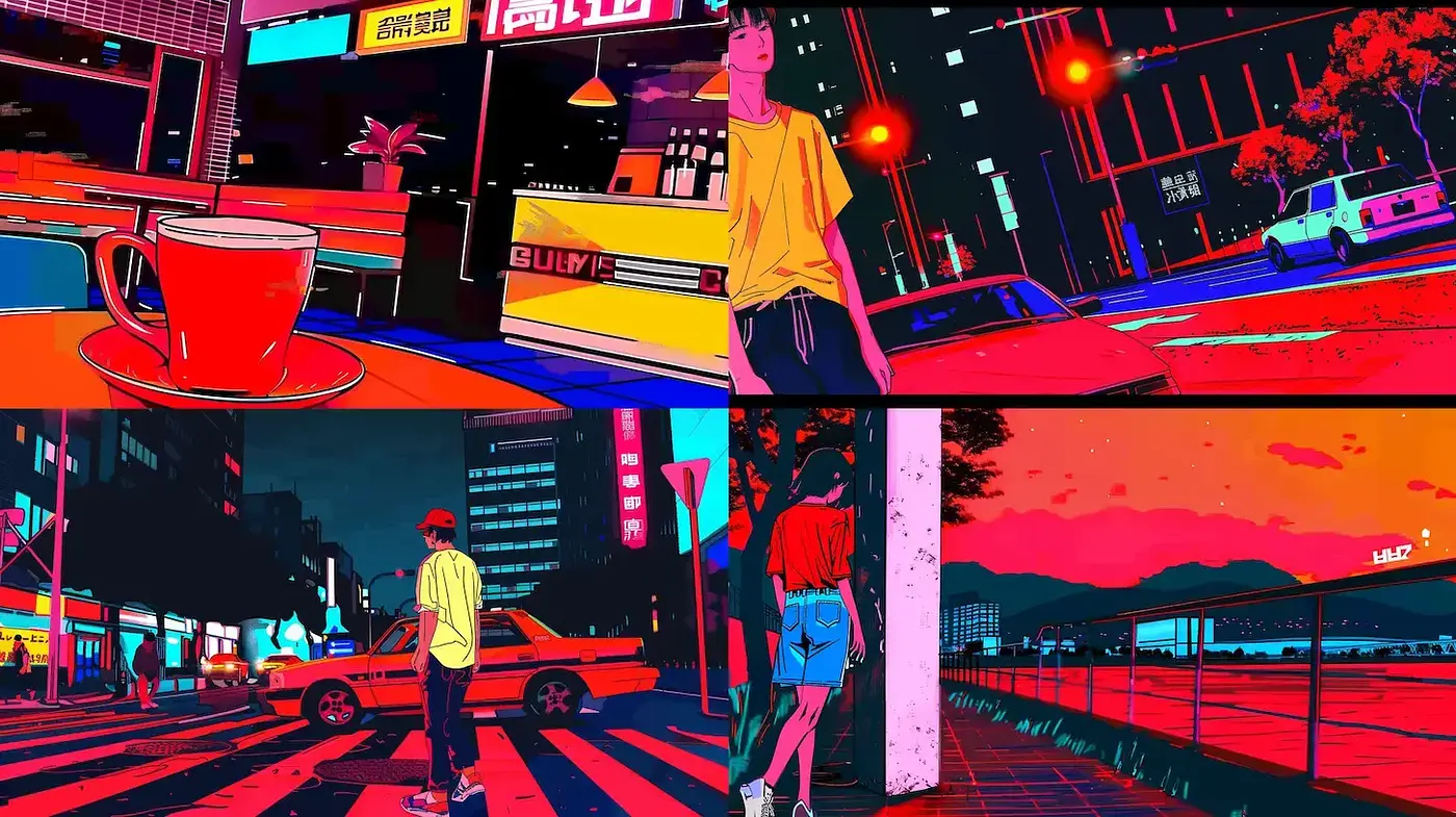 Vibrant Urban Aesthetic with Neon Colors and Bold Lines - Midjourney sref style