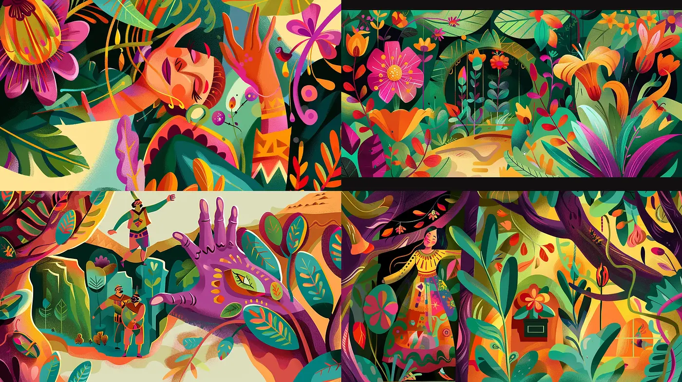 Lush and Whimsical Garden of Chromatic Narratives - Midjourney sref style