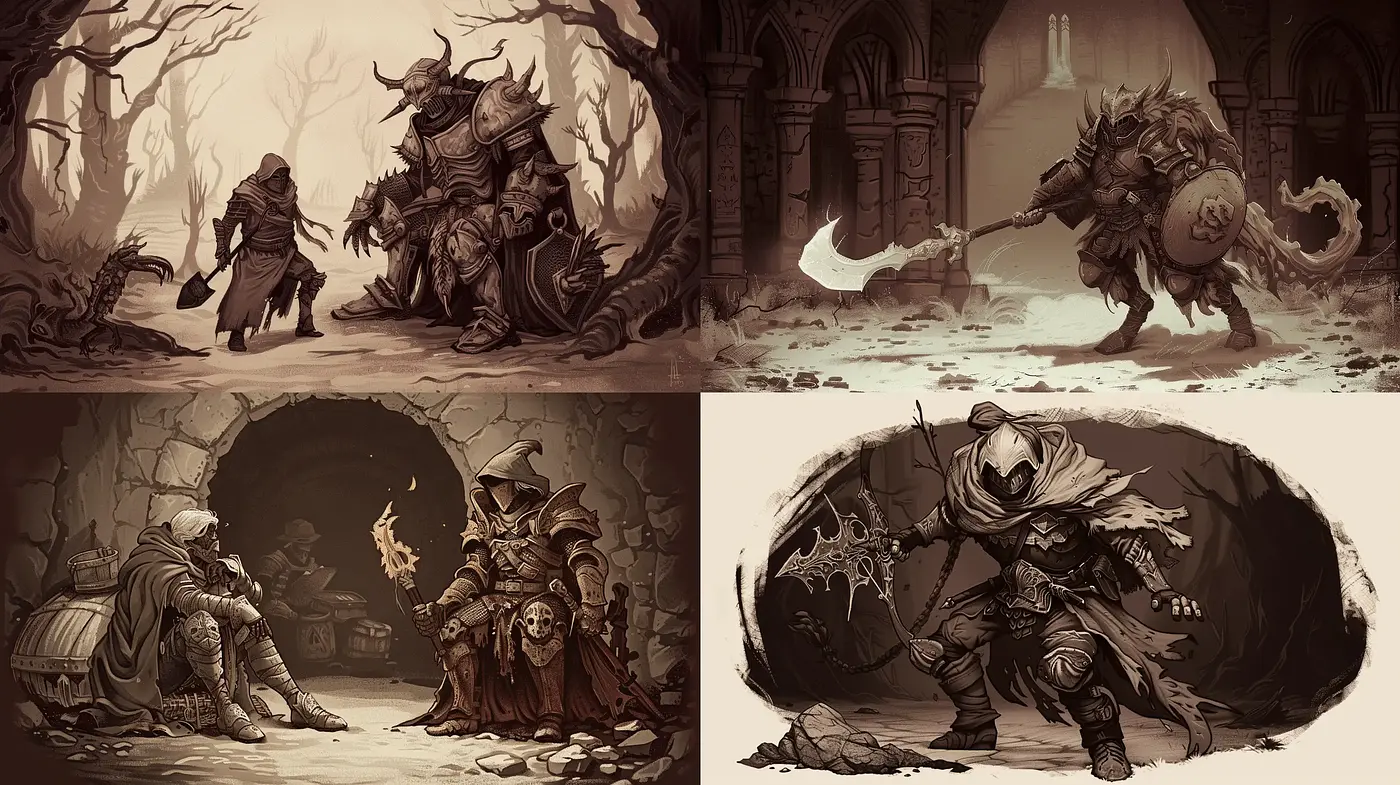 Monochrome Fantasia: A Sepia-Toned Odyssey of Mythic Characters - Midjourney sref style