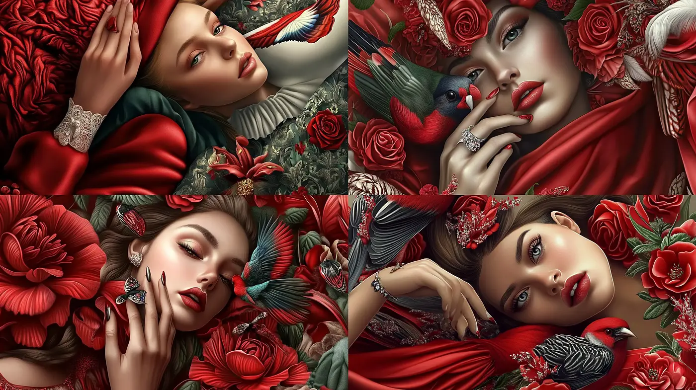 Enigmatic Elegance in Scarlet: A Fusion of Floral Fantasia with Photorealism - Midjourney sref style