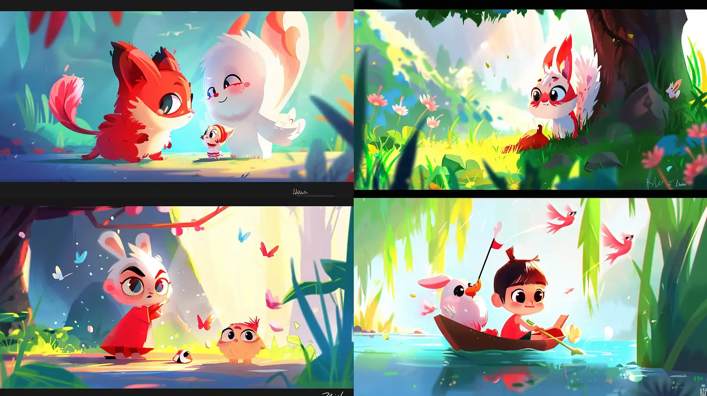 Luminous Whimsical Forest - A Radiant and Heartwarming Cartoon Style - Midjourney sref style