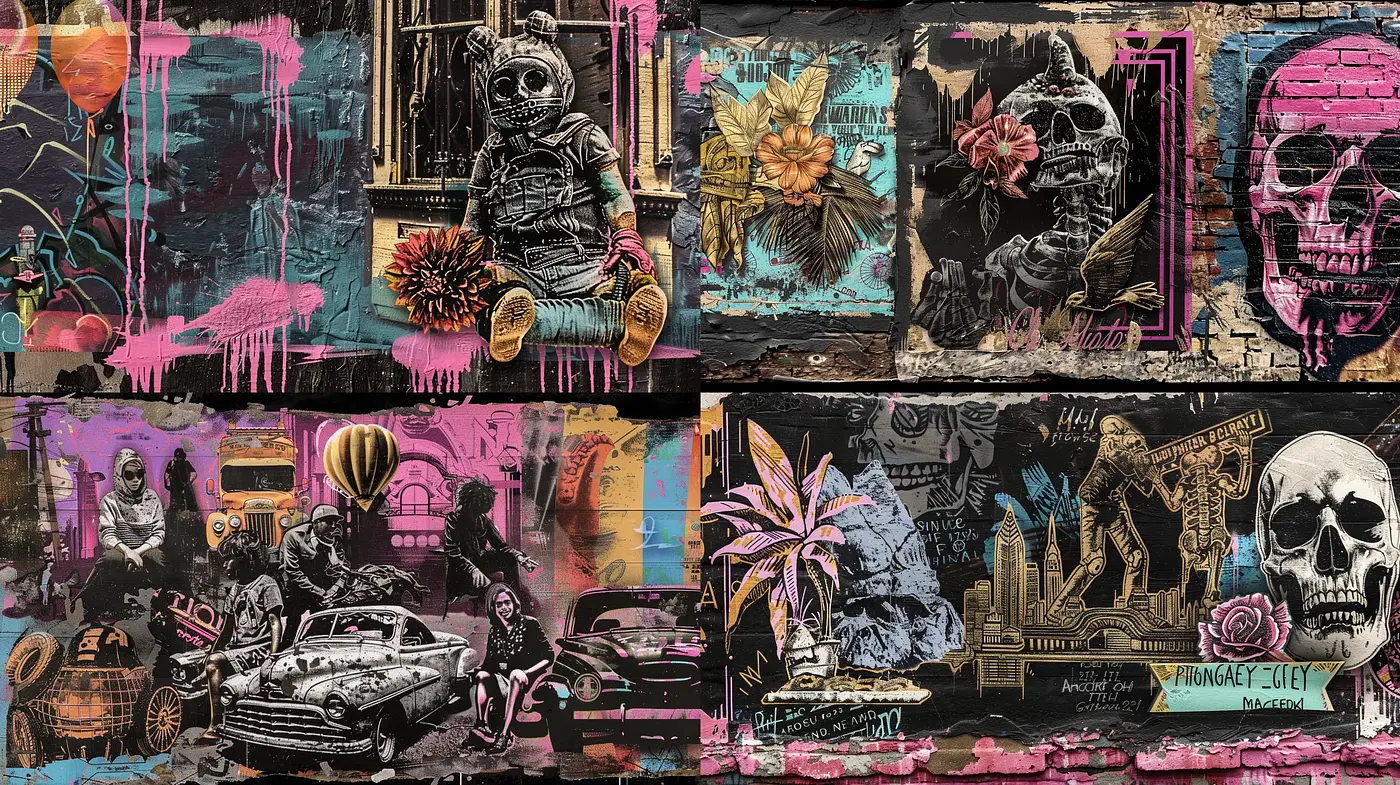 Gritty Neon Street Art Fusion - Midjourney sref style