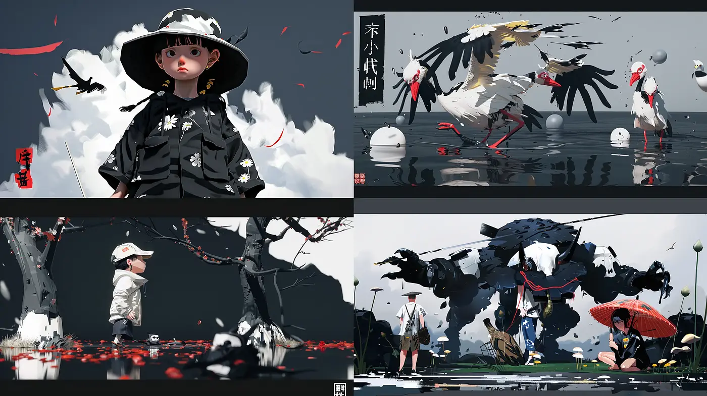 Dynamic Brushwork and Striking Red Accents in East Asian Digital Fabrication - Midjourney sref style