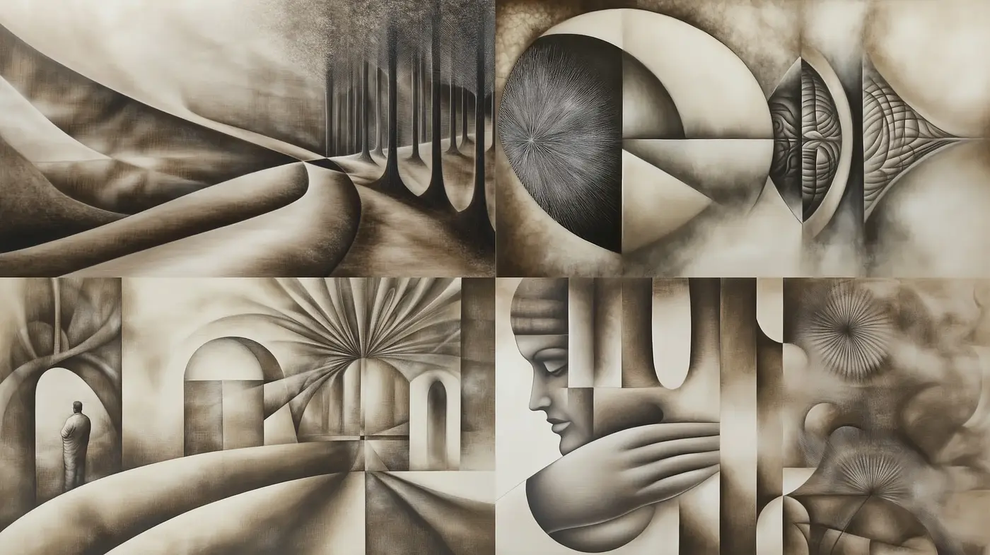 Monochromatic Surrealism with Organic Textures and Geometric Forms - Midjourney sref style