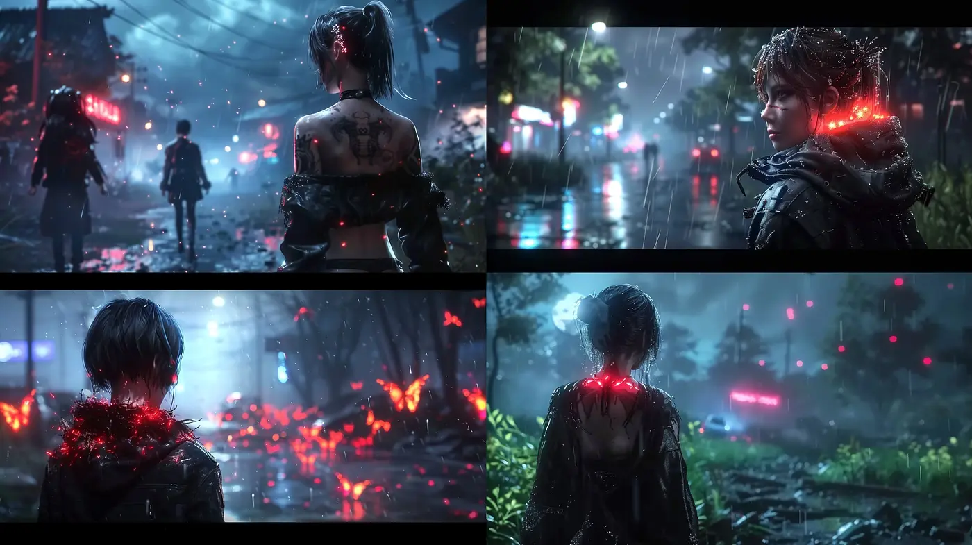 Nocturnal Cyberpunk Dreamscape: Neon Melancholia in Rain-Soaked Metropolis - Midjourney sref style