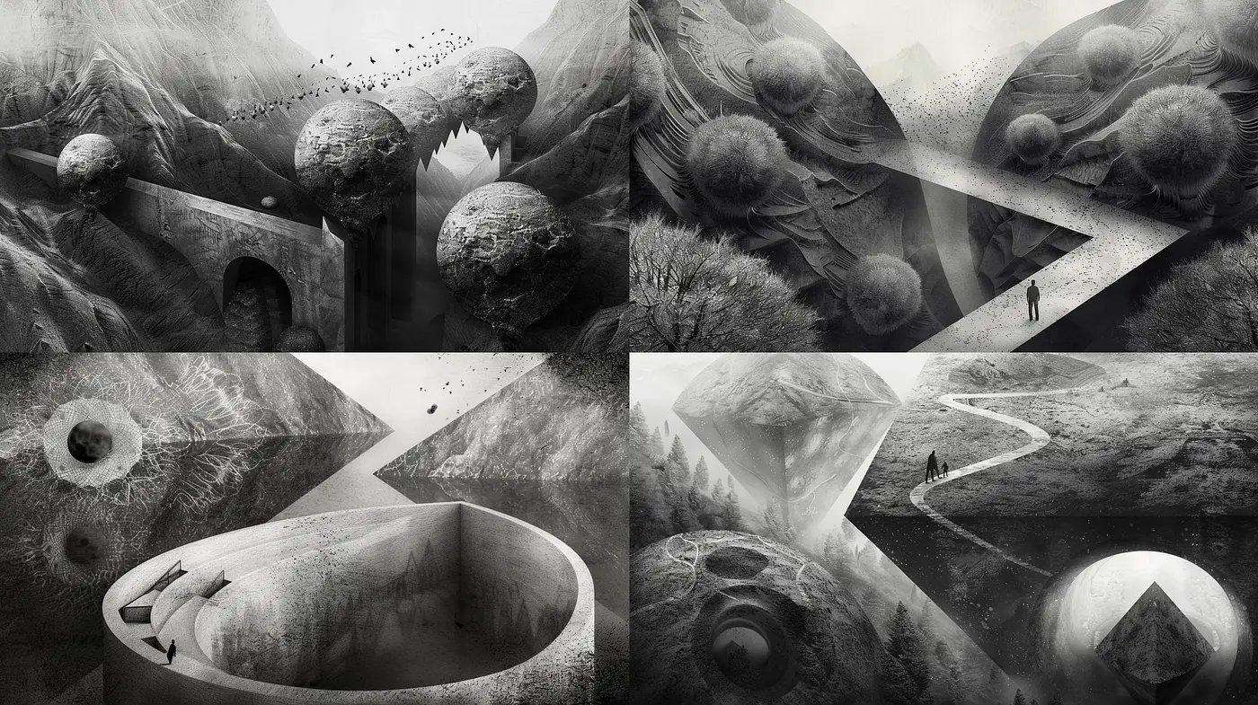 Monochromatic Dreamscapes: Surreal Topographies and Ethereal Atmospheres - Midjourney sref style