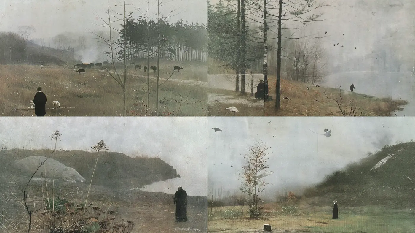 Ethereal Misty Landscapes with Monochromatic Melancholy - Midjourney sref style