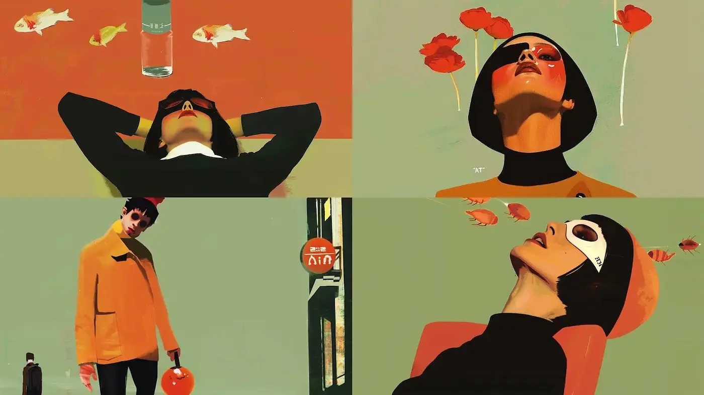 Contemporary Illustrations with a Retro Aesthetic and Surreal Elements - Midjourney sref style
