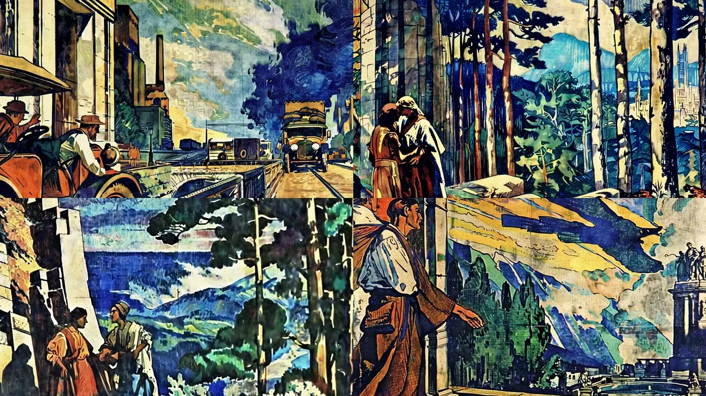 Rustic Brushwork Harmonizing with Industrialization - Midjourney sref style