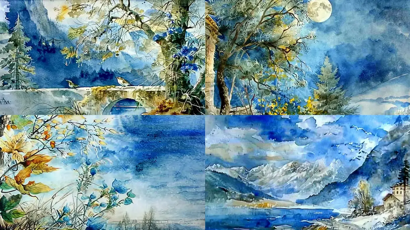 Serene Watercolor Landscapes Capturing Nature's Beauty with a Tranquil Mood - Midjourney sref style