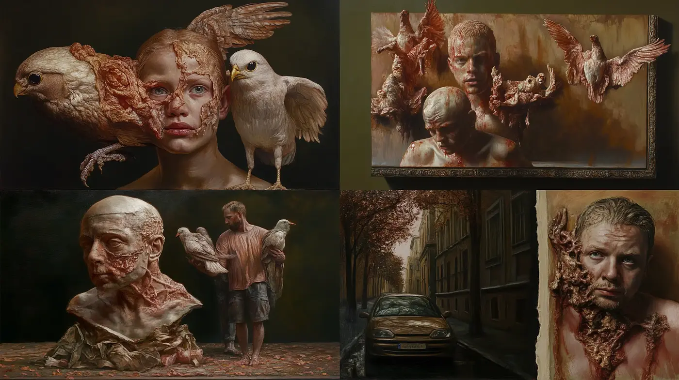 Surreal Avian-Human Portraits in Earthy Tones - Midjourney sref style