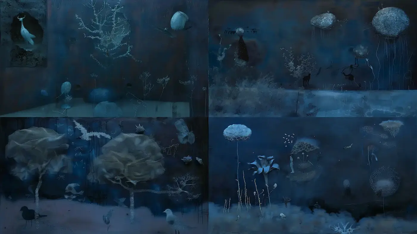 Ethereal and Dreamlike Dark Imagery with Organic Elements - Midjourney sref style