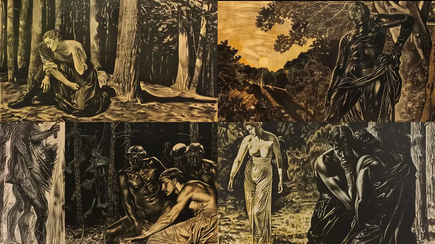 Autumnal Hues in Stylized Mythological Narratives - Midjourney sref style