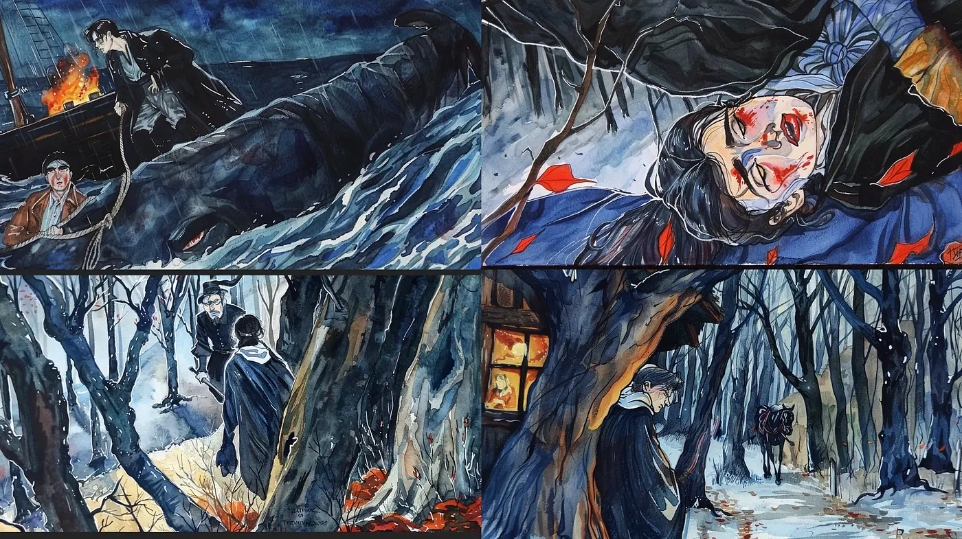 Dramatic Expressive Watercolor Narratives - Midjourney sref style