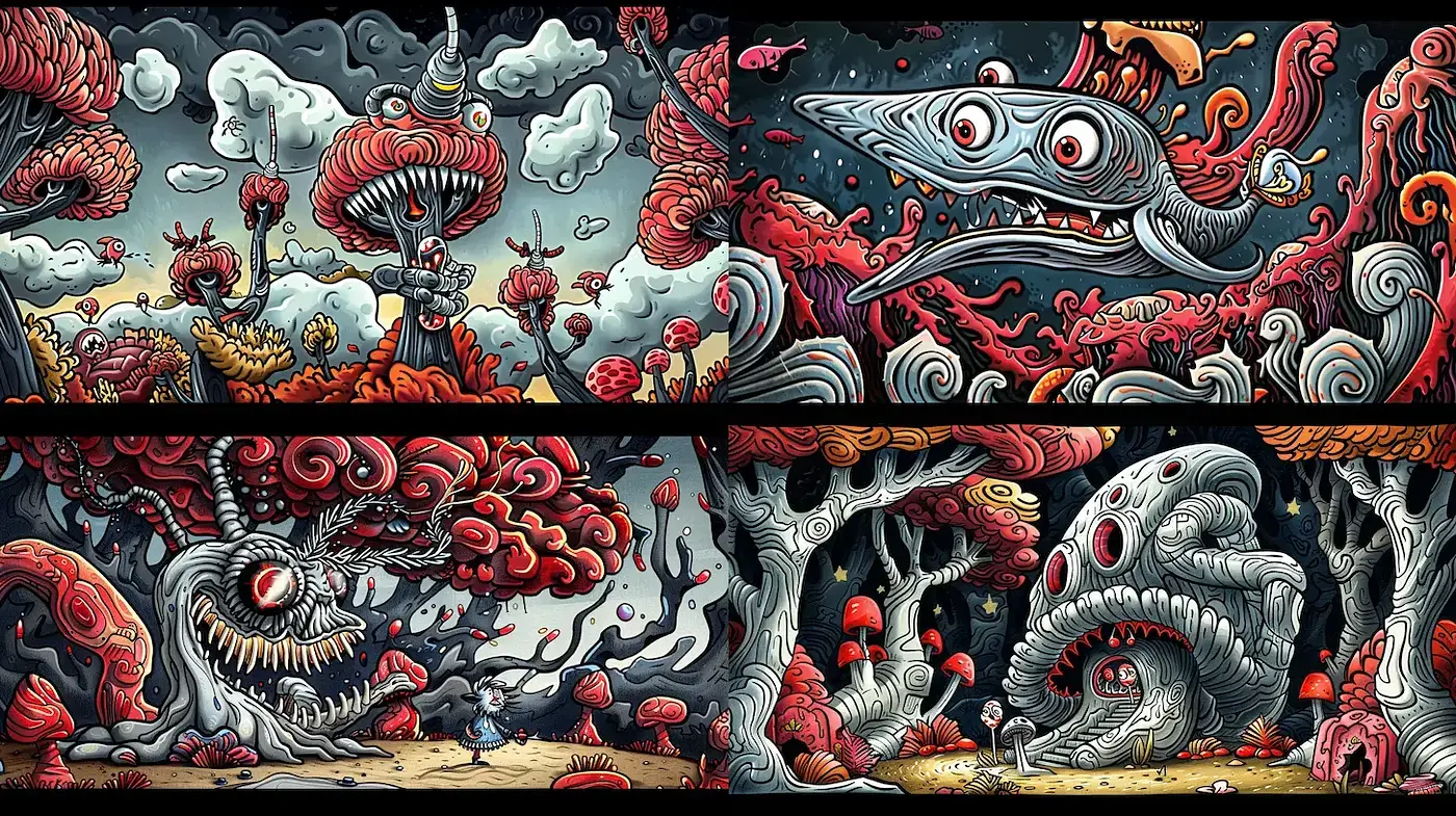 Whimsical and Surreal Landscapes with Distinctive Characters - Midjourney sref style