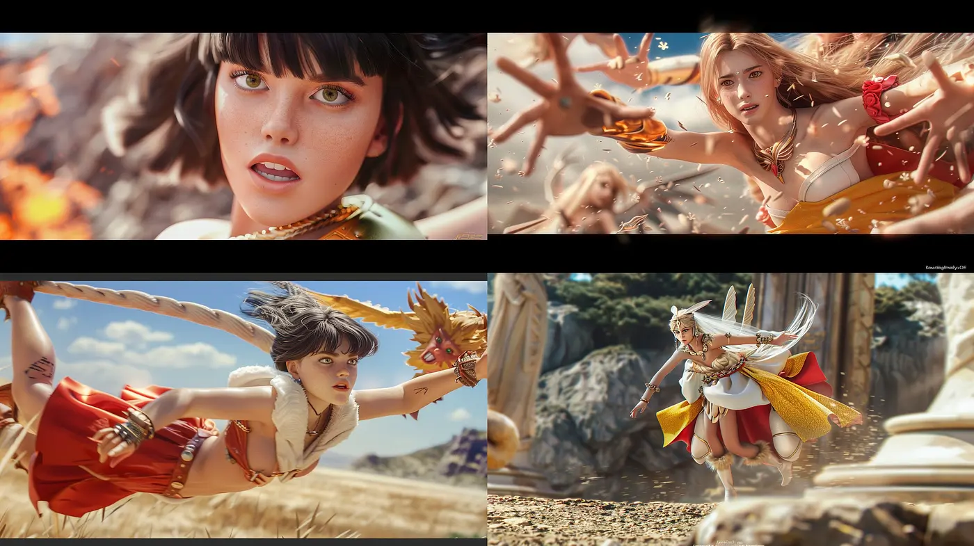 Sun-kissed Fantasia: A Warm-Toned Allegory of Dynamic Characters and Surreal Environments - Midjourney sref style