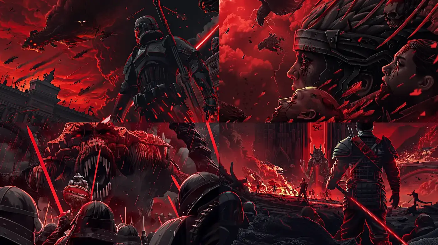 Dark, cinematic illustration with a surreal, menacing atmosphere - Midjourney sref style