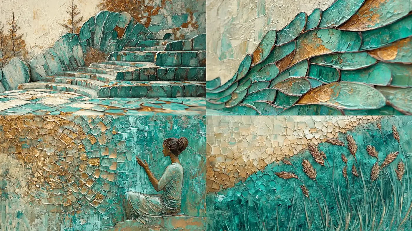Ethereal Textured Serenity in Turquoise and Gold Hues - Midjourney sref style