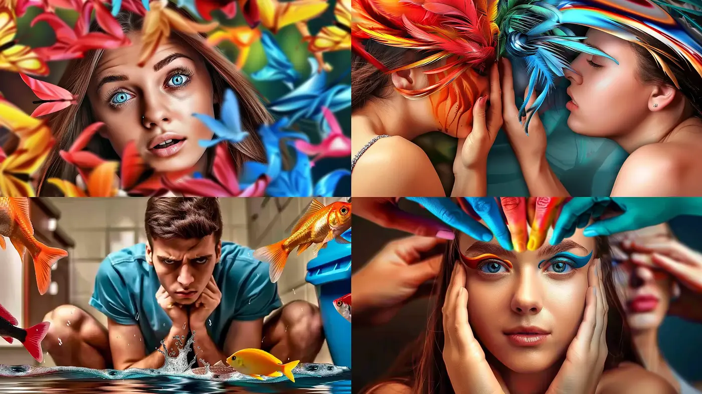 Surreal Vibrancy: Dynamic Human Portraits Amidst Hyper-Realistic Fauna - Midjourney sref style
