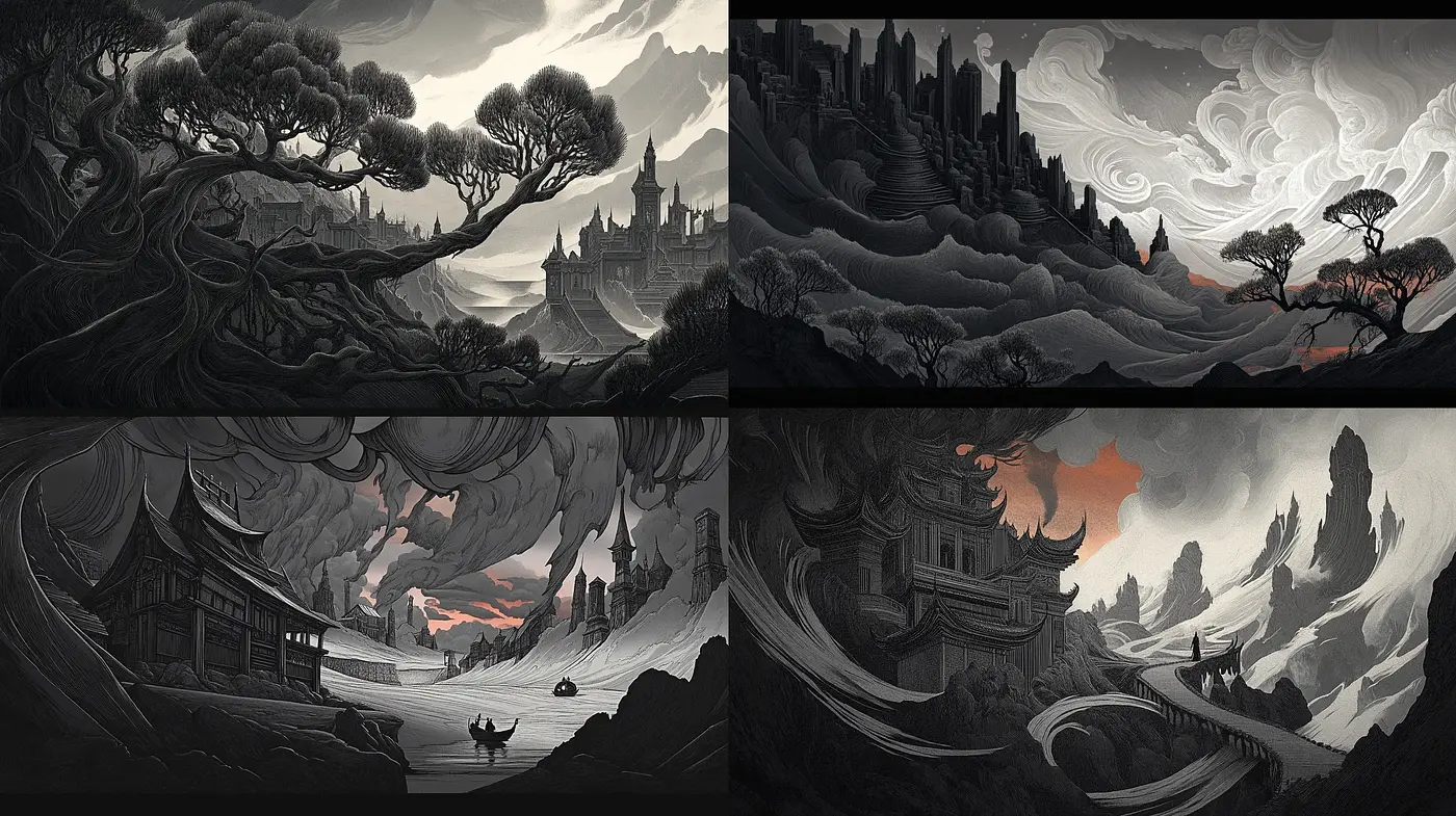 Monochromatic Dreamscapes with Ethereal Hues and Stylized Nature - Midjourney sref style