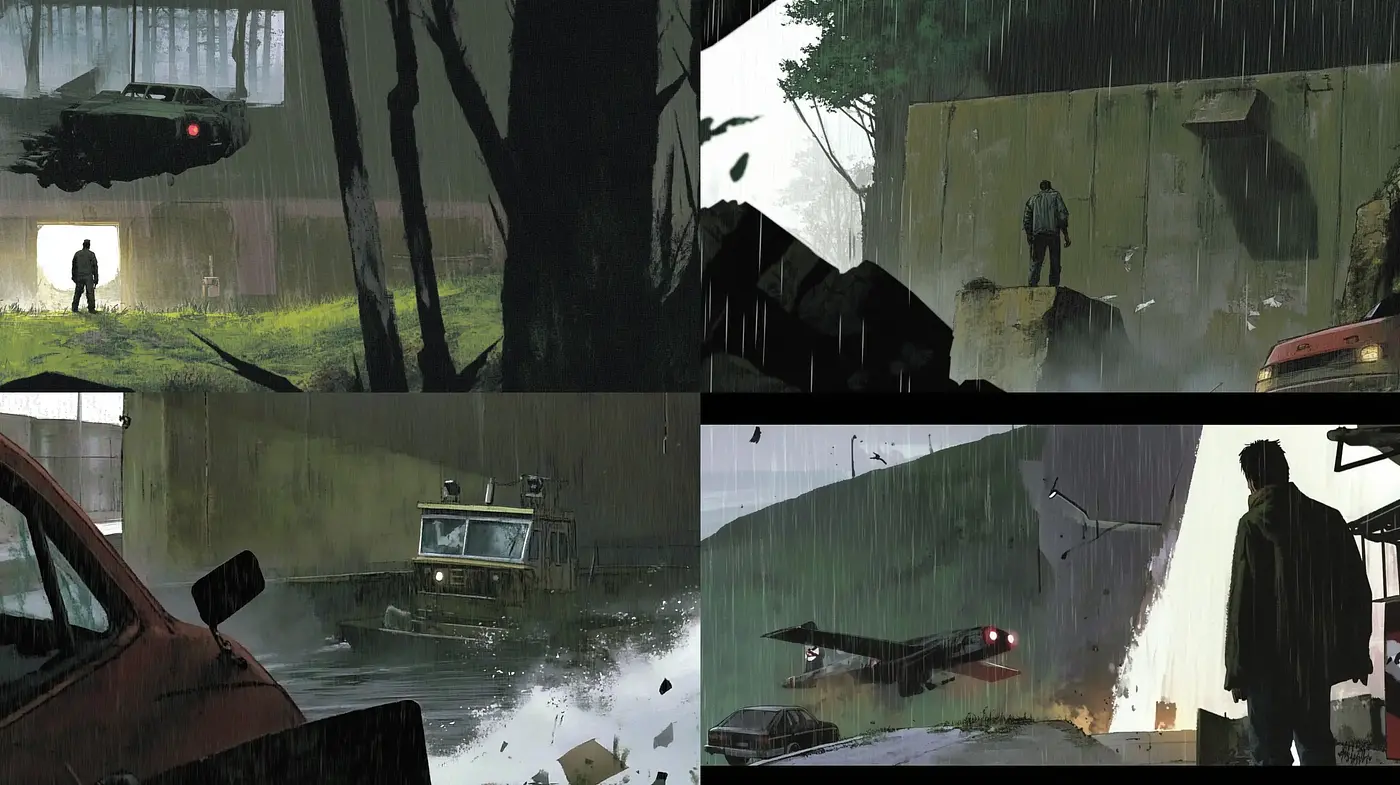 Rain-Soaked Dystopian Vistas: A Homage to Cinematic Neo-Noir - Midjourney sref style