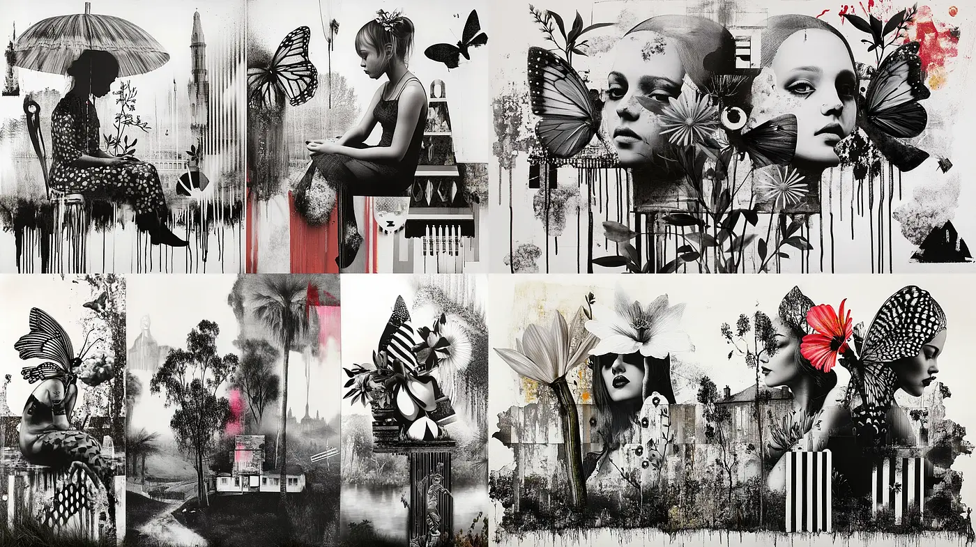 Monochromatic Dreamscapes with Surrealist Butterfly Motifs - Midjourney sref style