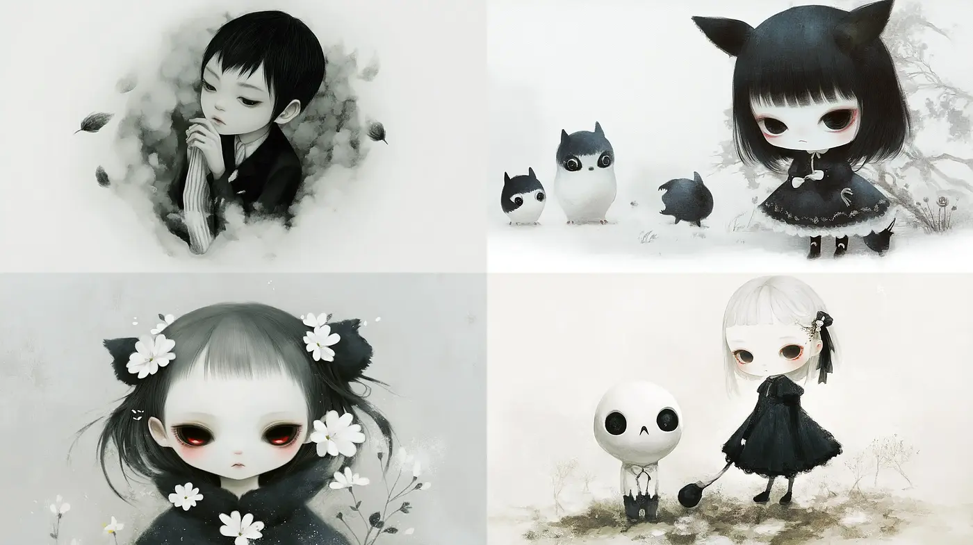 Ethereal Monochrome Whimsy: A Dreamlike Blending of Innocence and Melancholy - Midjourney sref style
