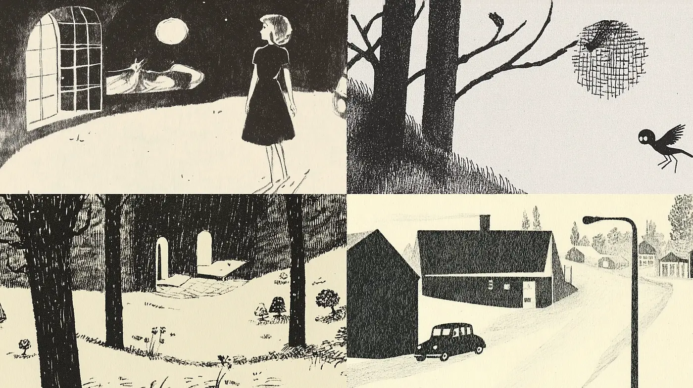 Monochromatic Whispers of Nostalgia: Textural Homage to Mid-Century Illustration - Midjourney sref style