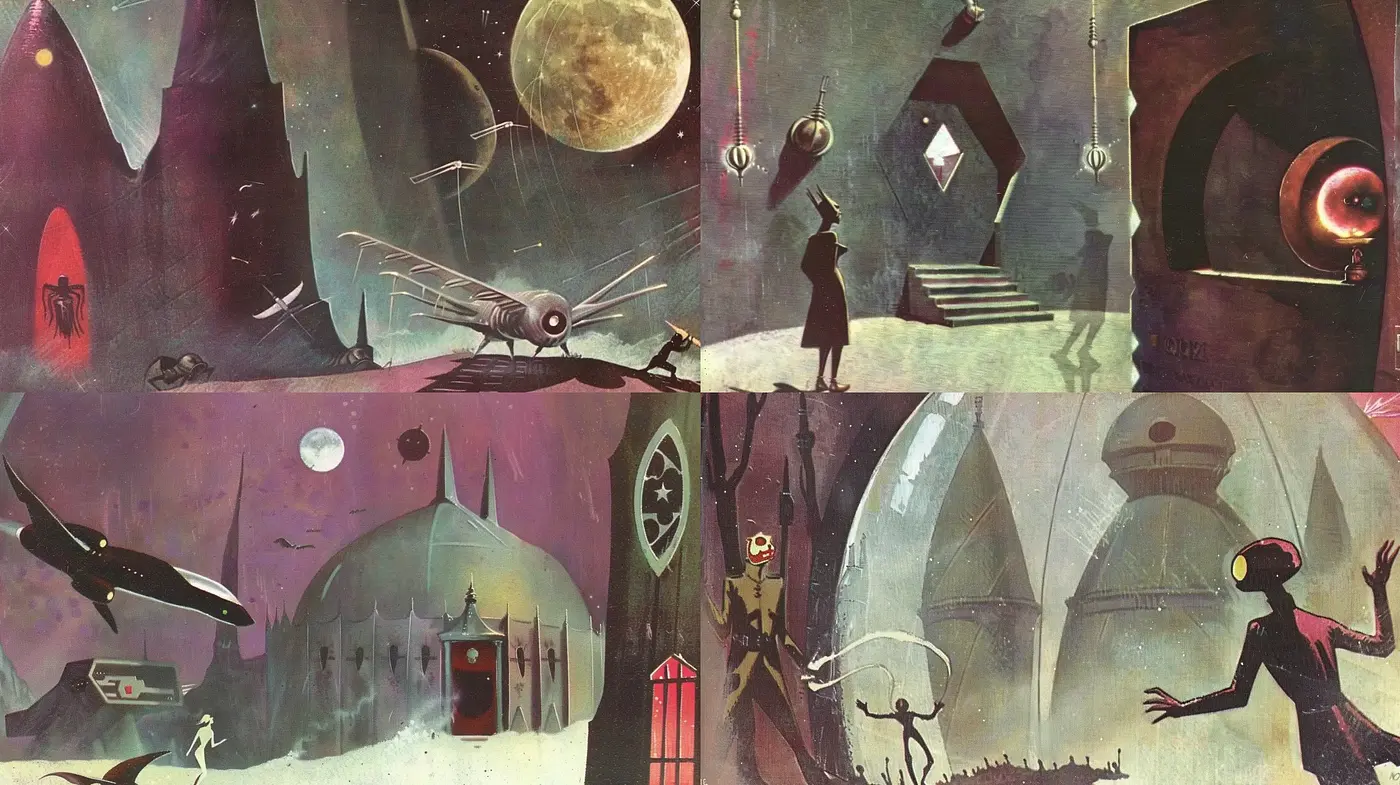 Surreal Retrofuturistic Tableaux with an Ethereal Ambience - Midjourney sref style
