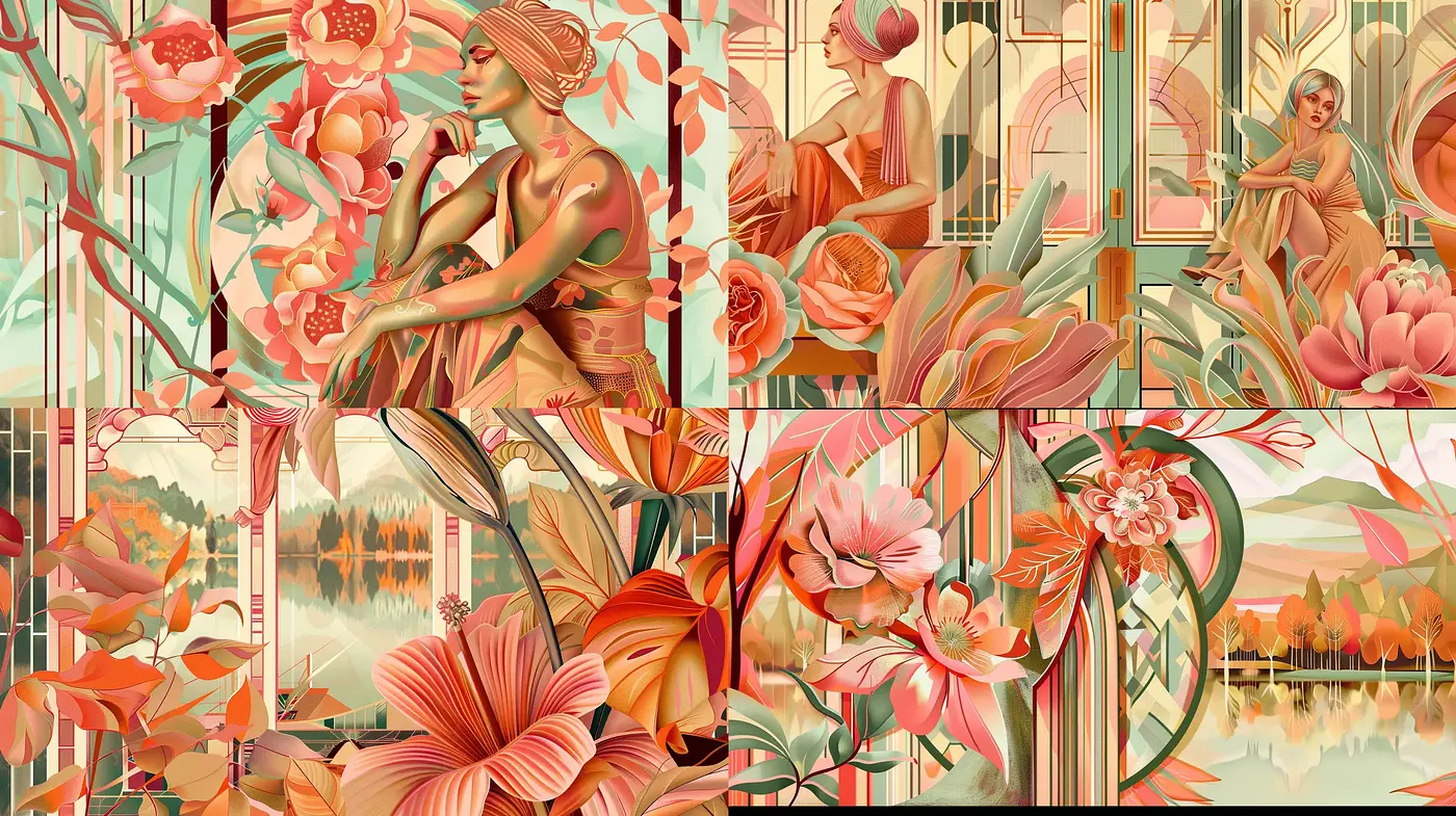 Art Nouveau Blossom: Harmony of Pastel Botanics and Elegant Figures - Midjourney sref style