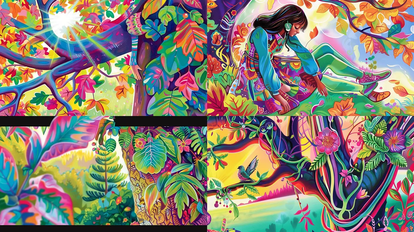 Vibrant Botanical Dreamscape: A Fusion of Vivid Hues and Surreal Nature - Midjourney sref style