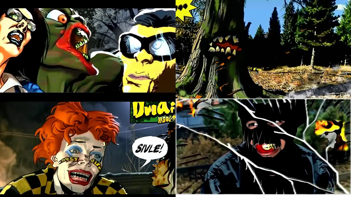 Vibrant Comic Book Horror Fusion with Bold Contrasts - Midjourney sref style