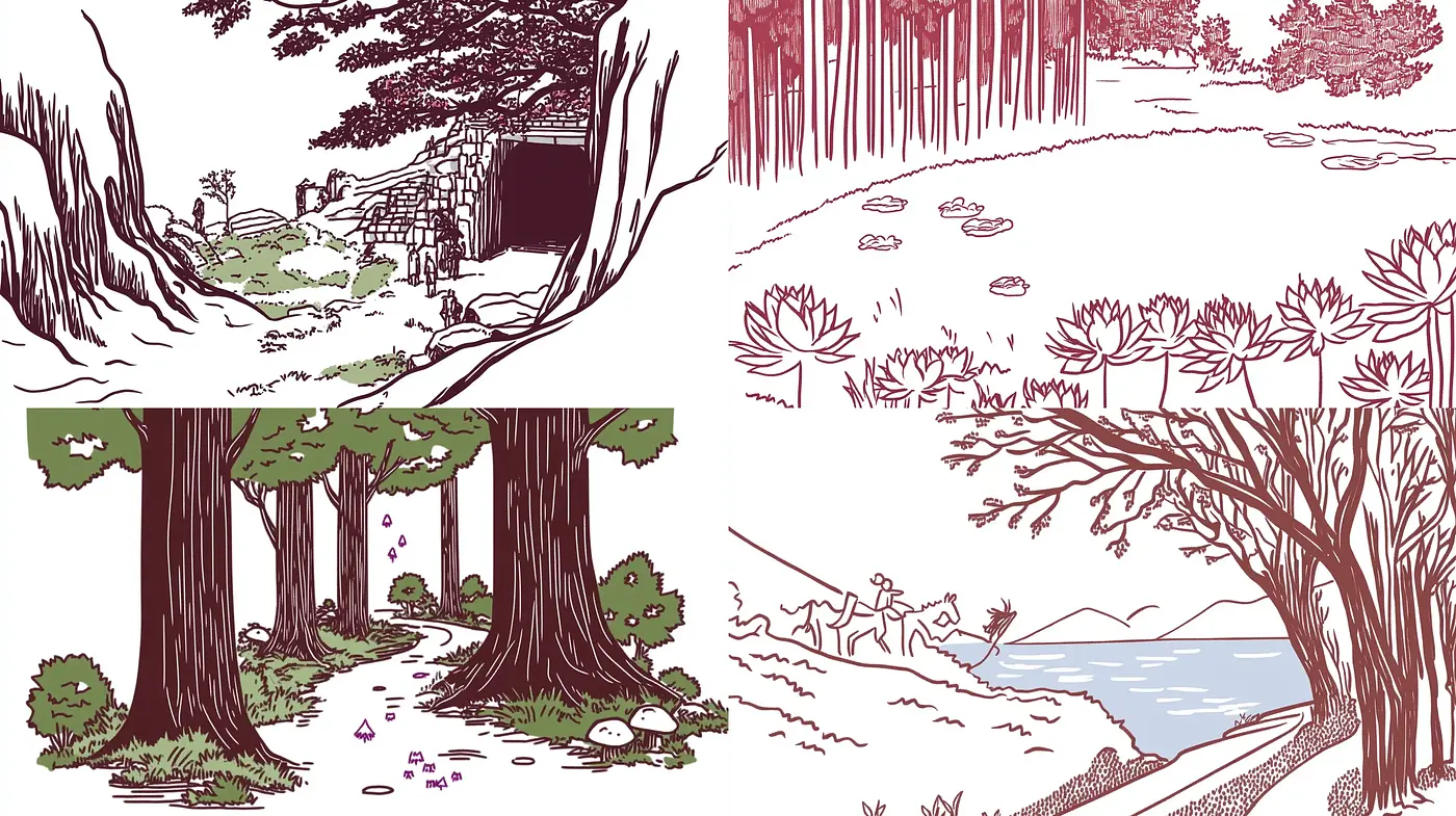 Idyllic Pastoral Scenes in Stylized Monochromatic Line Art - Midjourney sref style