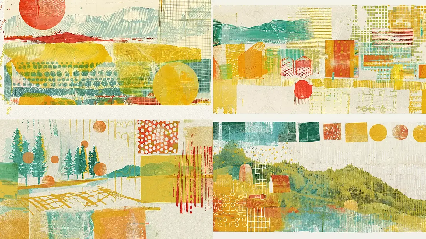Colorful Abstract Landscape with Textured Elements and a Playful Vibe - Midjourney sref style