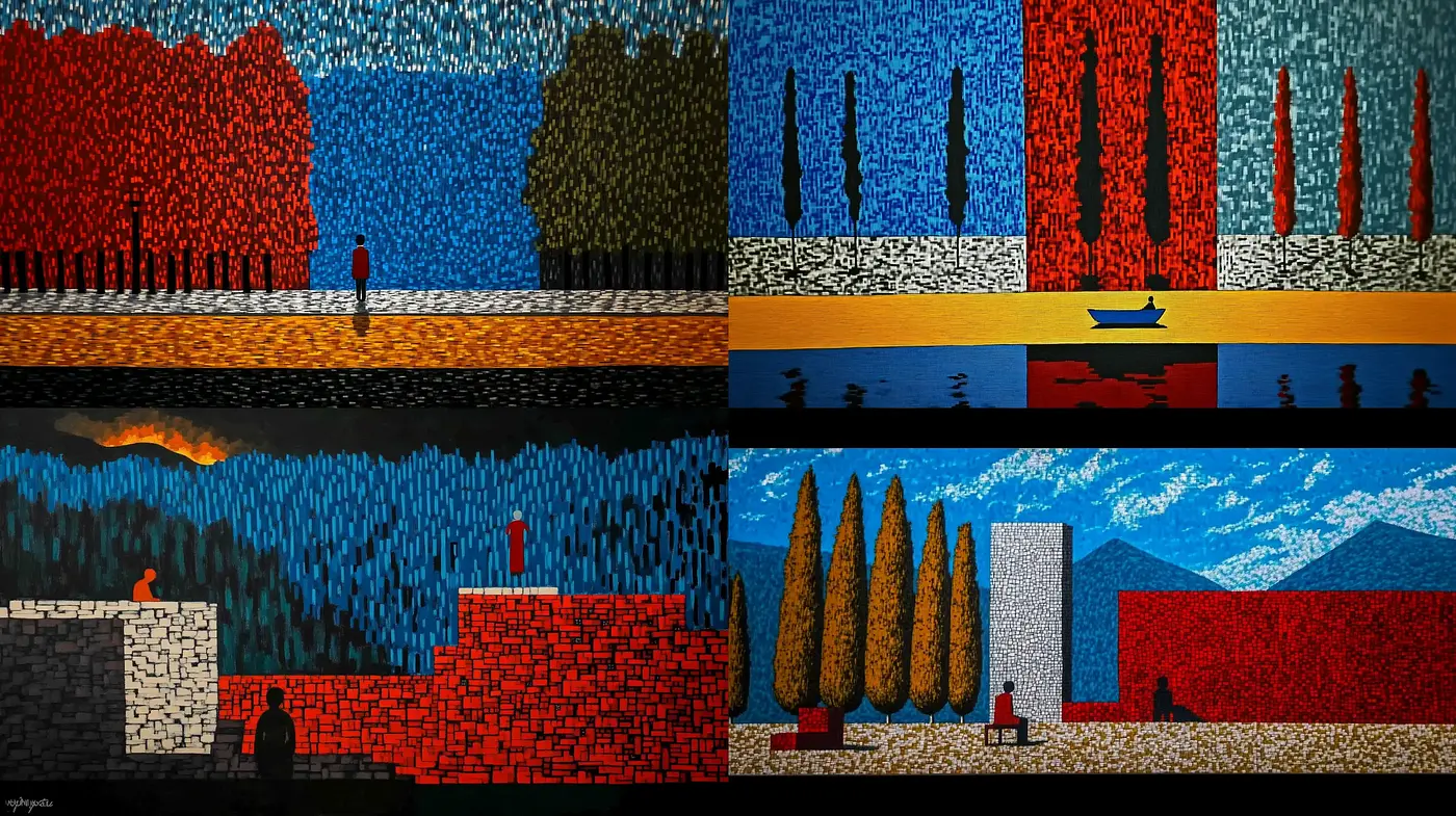 Stylized Patchwork of Vivid Hues and Defined Textures - Midjourney sref style