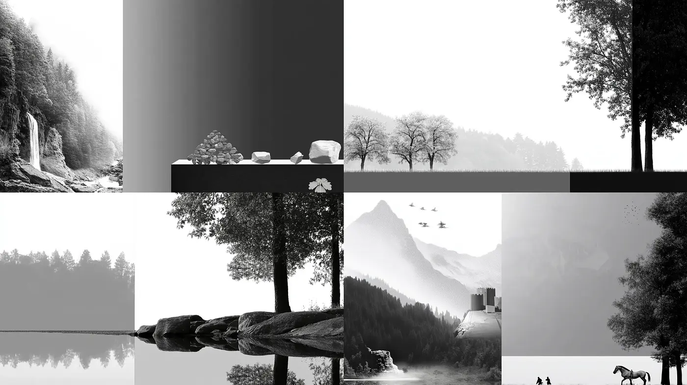 Monochromatic Serenity: A Consistent Exploration of Tranquil Landscapes and Still Lives in Grayscale - Midjourney sref style