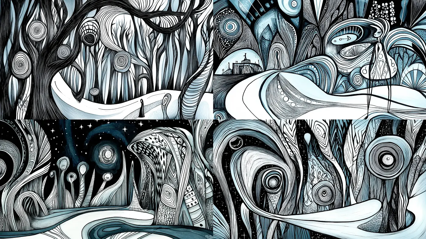 Whimsical Nocturnal Inkscapes with Surreal Flourishes - Midjourney sref style
