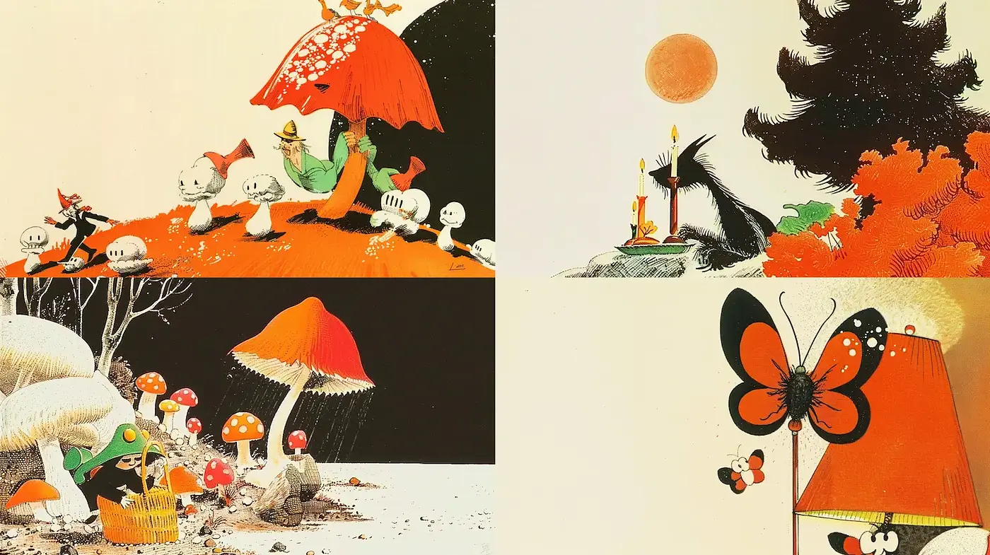 Whimsical and Playful Illustrations with Bold Colors - Midjourney sref style