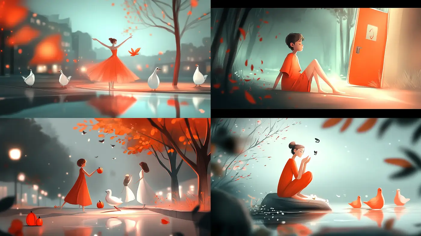 Serene Autumnal Elegance with Stylized Illustrative Essence - Midjourney sref style