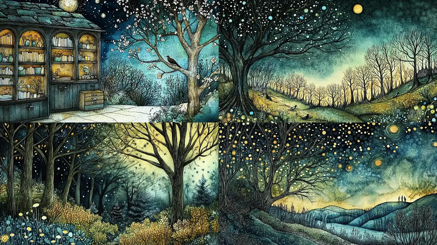 Enchanted Nocturnal Landscape with Whimsical Fantasy Overtones - Midjourney sref style